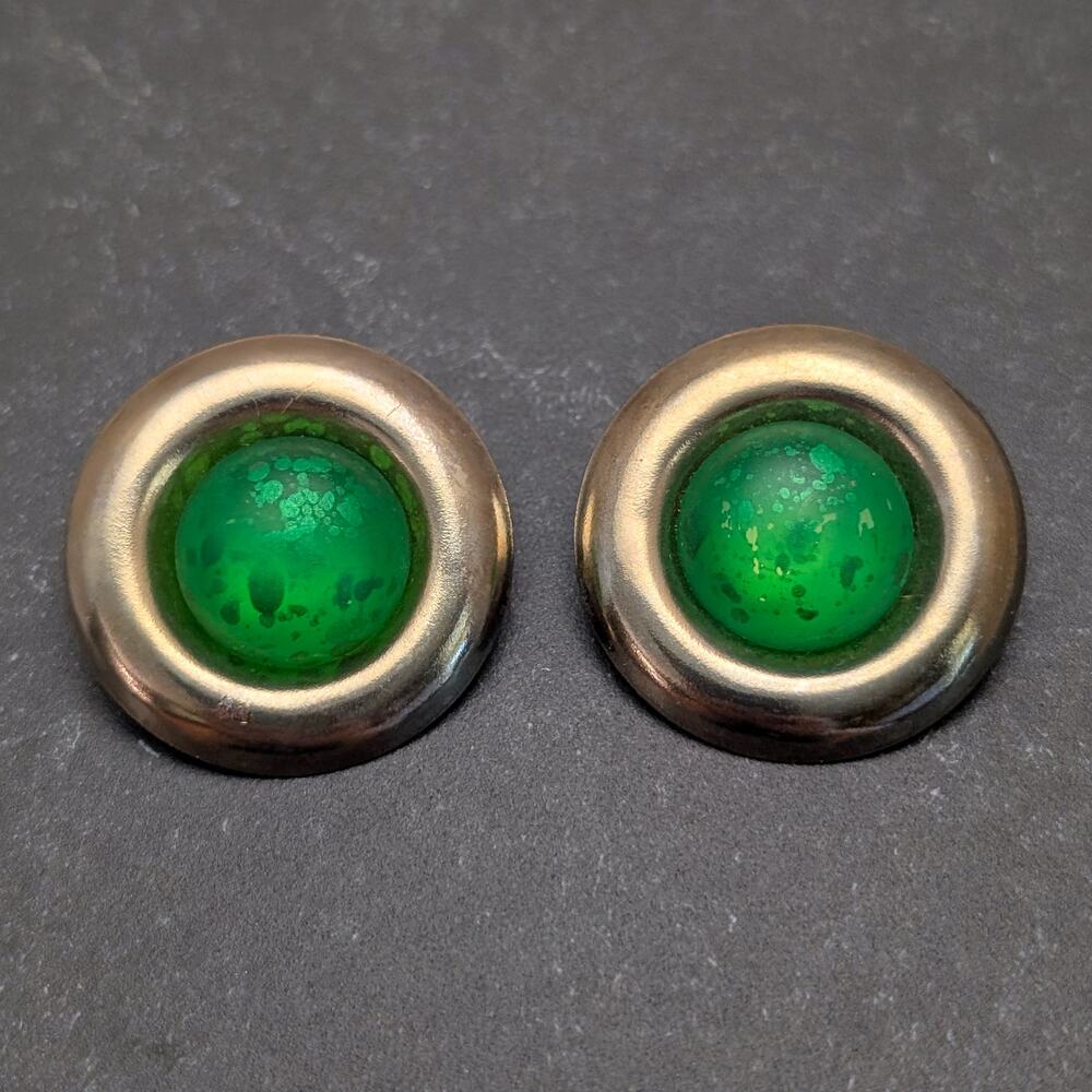Vintage Clip On Earrings Large Dark Gold Tone with Green Center - Fair Condition